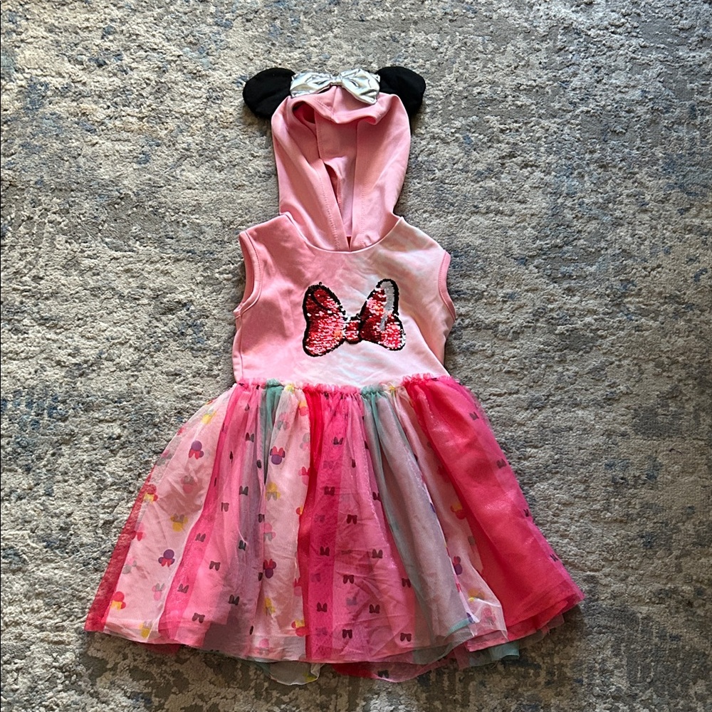 Disney Pink and Multicolor Minnie Mouse Hooded Dress with Sequin Bow